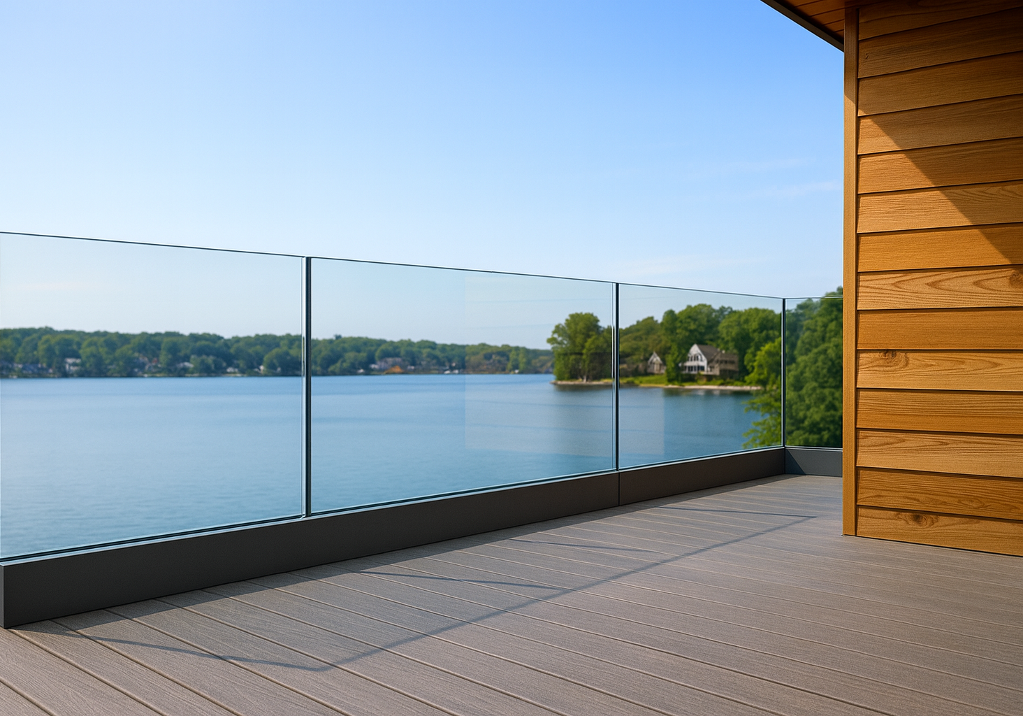 Glass railing overlooking water and trees
